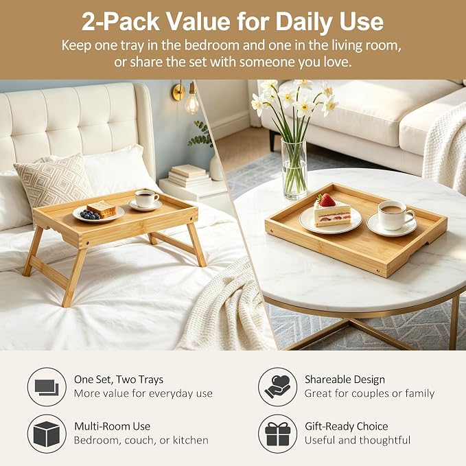 2 Pack Bamboo Bed Tray Tables with Folding Legs, Medium, Natural | Set of 2 bamboo bed trays with folding legs and wave handles for meals, laptops and serving in bed or on sofa.
