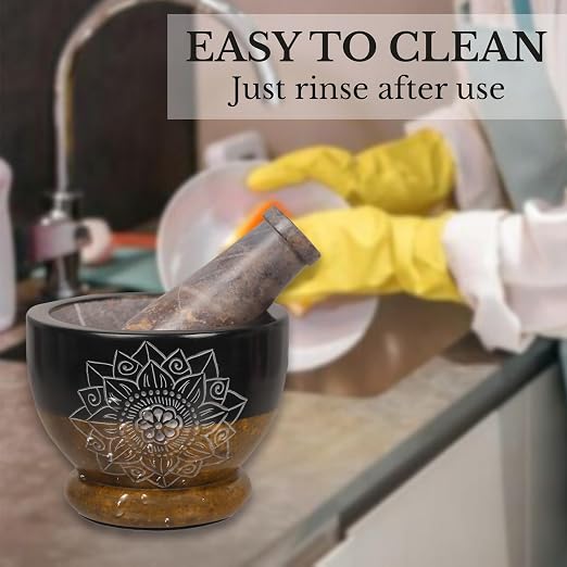 Mortar and Pestle, Made of Heavy Duty Polished Hard Stone, Natural Stone Grinder for Spices, Pastes, Herbs, Seasoning etc. (Mandala)