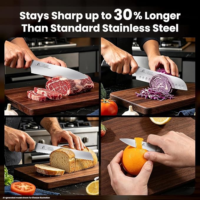 CoquusAid Knife Set, Upgrade 15 Pcs Knife Block Set with Widened Ventilated Slot, German Stainless Steel Kitchen Knives Set with Sharpener, Professional Chef Knives Set, Full Tang Ergonomic Handle