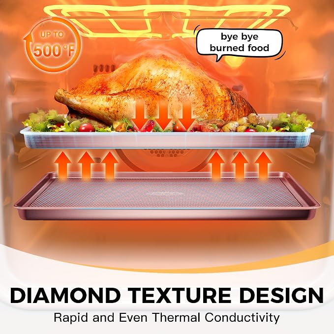 Baking Sheet Pan Set, Cookie Sheets for Oven, Nonstick Half/Quarter/Jelly Roll Pans with Diamond Texture Pattern, Heavy Duty Cookie Tray, Pink