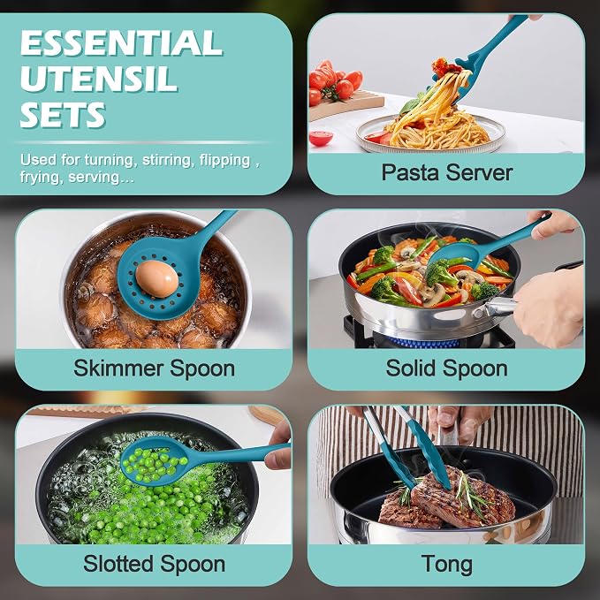 Homikit Silicone Cooking Utensils Set, 15 PCS Kitchen Utensil Spatula Set | Nonstick and Heat Resistant Kitchen Utensil Set with Holder, Kitchen Gadgets Home Essentials & Pot and Pans Accessories, Blue