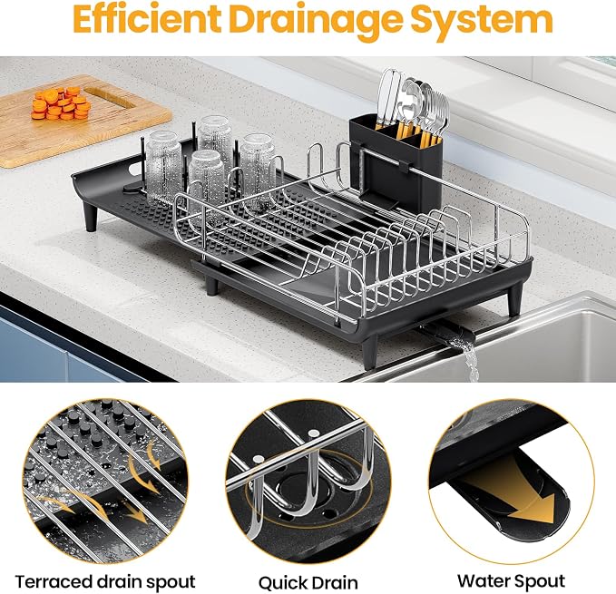 TOOLF Expandable Dish Drying Rack for Kitchen Counter, Black | Collapsible 16.7"-26.8", Stainless Steel Dish Dryer Rack Drainer for RV, Apartment, with Cutlery Holder, Fits for 3-4 People