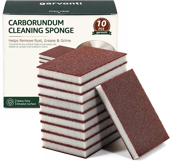 10 Pack Magic Carborundum Sponge Pads Heavy Duty Rust Scrubber for Cookware | High Density Emery Sheets Remove Baked-On Grease and Grime from Pots Pans Sinks Grills Stovetops Kitchen Bathroom Surfaces