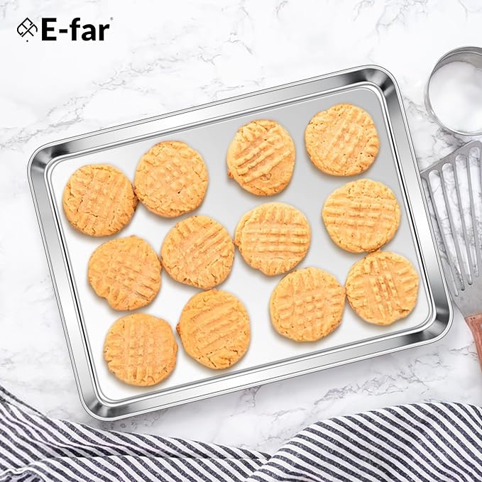 E-far Stainless Steel Baking Sheet Set, 12.4” x9.7” x 1” Cookie Sheet | Non-toxic Metal Toaster Oven Tray for Oven Baking Cake Cookie, Healthy & Rust Free, Mirror Finish & Dishwasher Safe