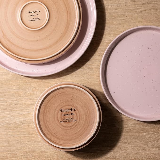 AmorArc Stoneware Dinnerware Sets for 4,12Pcs Plates and Bowls Set | Handmade Ceramic Dish Set,Dishwasher & Microwave Safe,Scratch Resistant-Pink