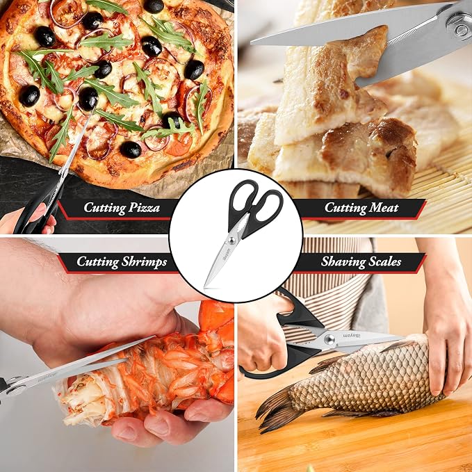 iBayam 8.7" All Purpose Kitchen Shears Heavy Duty with Protective Sheath | Built-In Bottle Opener, Durable Stainless Steel Scissors, Dishwasher Safe, Soft Grip Comfort Handle, Cooking, Food, Packaging