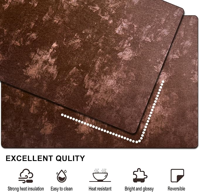 Faux Leather Placemats Set of 6, 11.8"x17.7", Coffee Brown | Reversible Table Mats, Waterproof, Stain & Heat Resistant, Easy Clean for Dining, Gatherings, Outdoor
