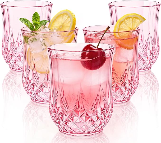 40 Pack 12 Oz Plastic Stemless Wine Glasses, Pink | Unbreakable, Reusable, Elegant Vintage Design, Fancy Cocktail Cups, Whiskey, Champagne, Wedding, Party, Bars, Holiday Events
