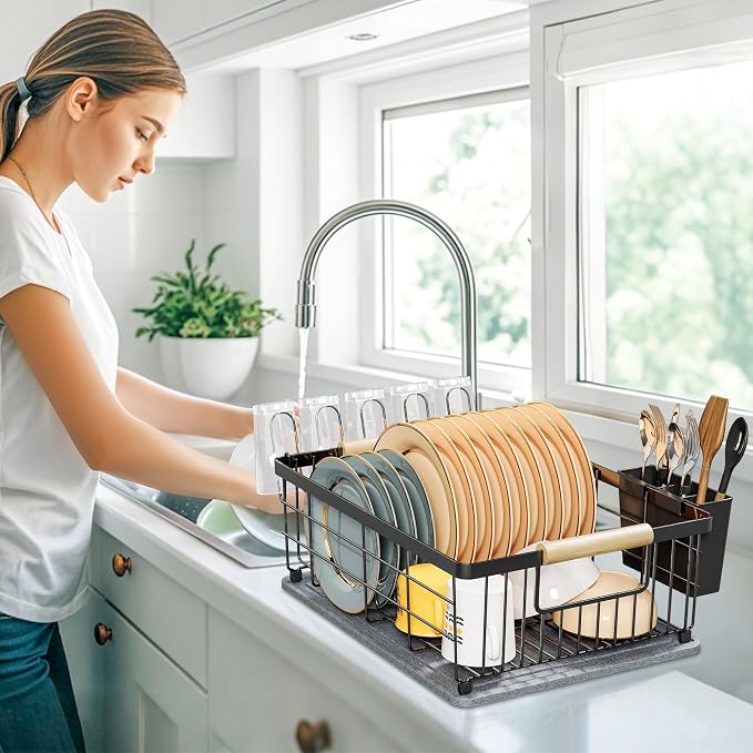 Dish Drying Rack Black with Diatomaceous Earth No Installation Required | Space Saving with Cutlery Cups Holder