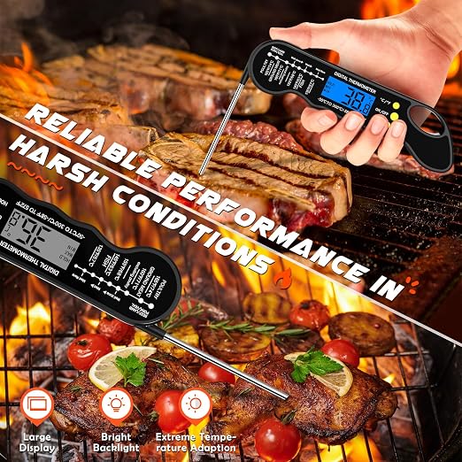 Instant Read Meat Thermometer, Accurate and Fast Digital Food Thermometer with Waterproof, Magnet, Backlight for Cooking, Baking, BBQ, Smoker, Grilling, Candy Making (Black)
