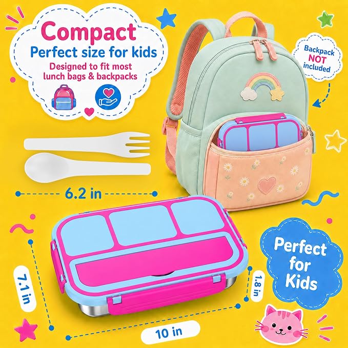 Stainless Steel Bento Lunch Box for Kids Adult, Metal Lunch Box Containers for Boys Girls School, 4 Compartment Leak Proof Lunch Containers with Sauce Cup, Fork and Spoon & Fruit Picks, Pink blue