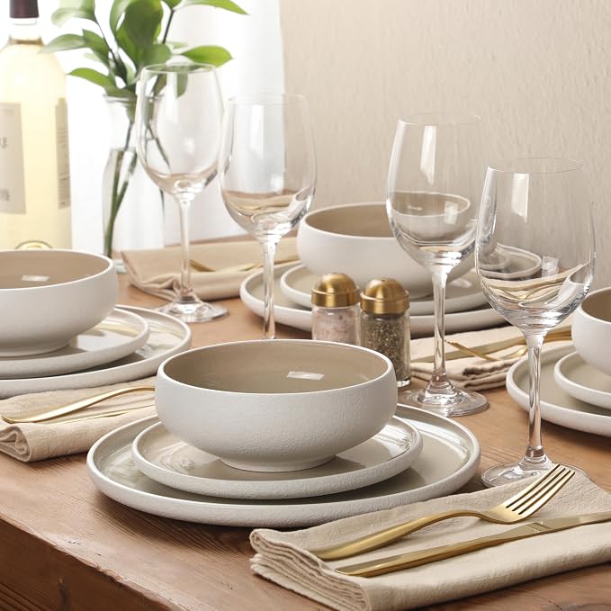 Gibson Elite Pacifco Beach Plates and Bowls Sets, 12-Piece Stoneware Dinnerware Sets, Reactive Glaze Dish Set - Taupe