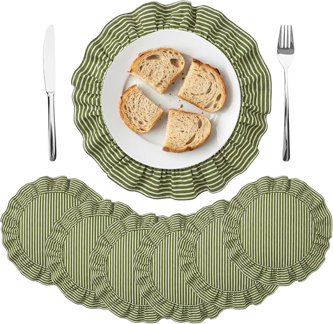 Set of 6 Round Placemats Green Striped Ruffled Circle Placemats 15 Inch Vintage Fabric Farmhouse Boho Rustic Table Mat for Summer Bachelorette Baby Shower Bridal Shower Birthday Party Picnic