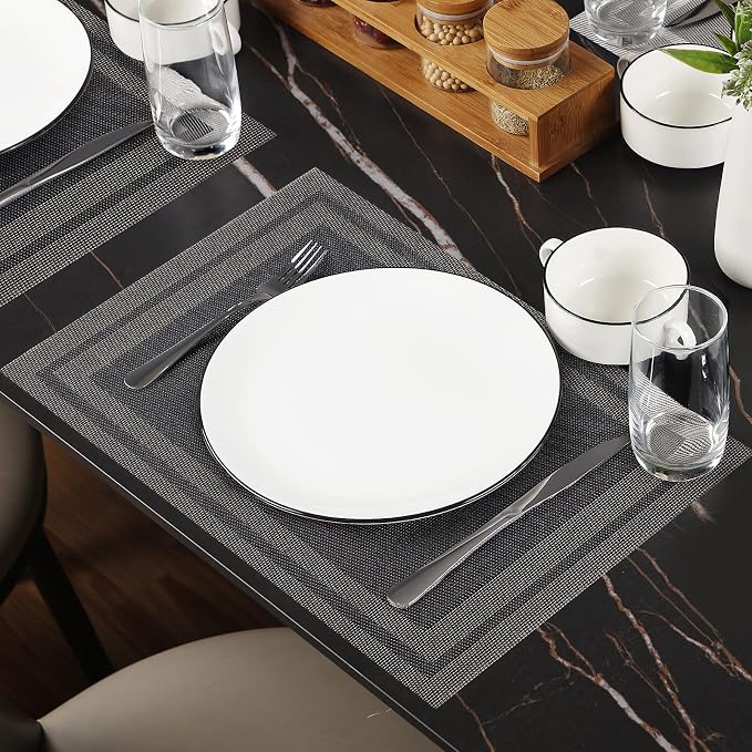 Placemats Set of 8, Vinyl Woven Black Non Slip Table Mats | Heat resistant, stain resistant non slip vinyl place mats, washable black gold table placemats for dining table(Black gold)