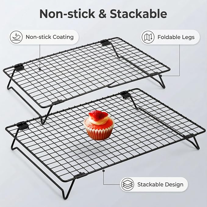 Cooling Racks for Cooking and Baking,13.4x9.4 Inch 2-Pack | This Durable Carbon Steel Wire Cooling Rack is Stackable, Ideal for Cookie Cooling, Roasting, and Making Jerky