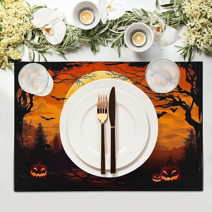 Halloween Witch Placemats Set of 6 18x12 Inch Bat Castle Pumpkin Linen Place Mats Heat-Resistant Washable Wipeable Holiday Table Mat for Party Kitchen Dining Room Dinner Table Decor