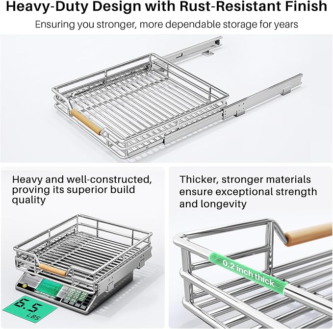 Pull out Cabinet Organizer, 15"W X 21"D, Heavy Duty Smooth Sliding Under Cabinet Shelves for Pots and Pans, Full-Extension Roll out Drawers, Slide out Organization for Home Kitchen Pantry