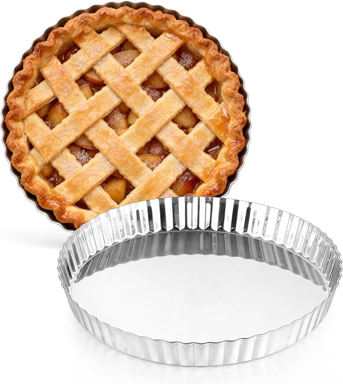 TeamFar Tart Pan, 9.5 Inch Stainless Steel Round Tart Pie Pan, 2PCS | Metal Quiche Baking Dish with Fluted Side, for Baking Fruit Tarts Quiches Pies Mousse Cakes, Heavy Duty & Dishwasher Safe