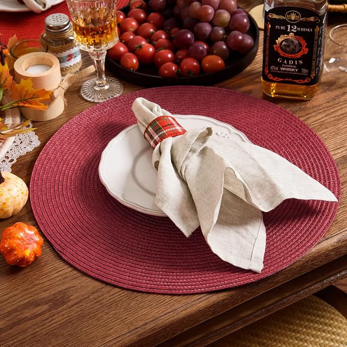 AHHFSMEI Round Placemats Set of 6 Heat Resistant Washable Non-Slip Woven Braided Table Mats for Dining Table Kitchen & Home Decor (Burgendy Red)