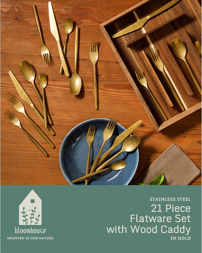 Two Time Oprah's Favorite Things Winner - 20 Piece Stone Washed Gold Flatware 18/10 Stainless Steel Silverware Cutlery Utensil Set With Acacia Wood Caddy - Service for 4
