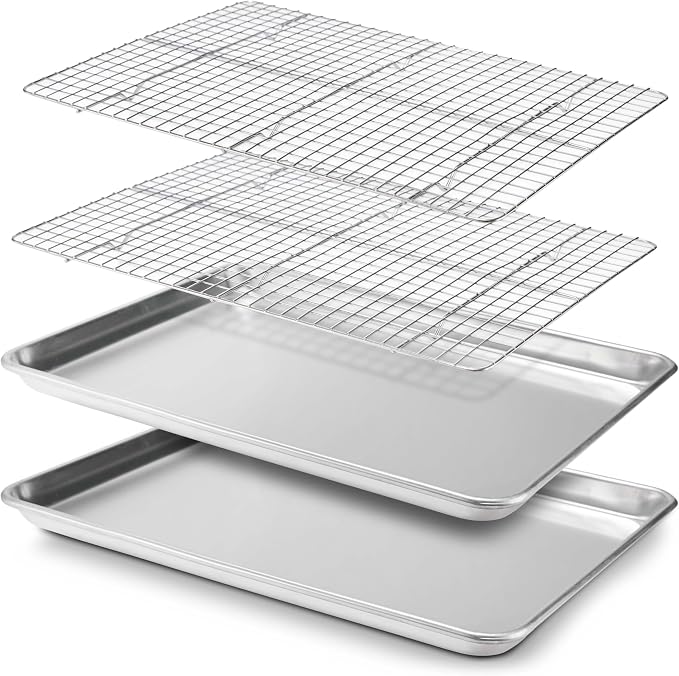 Baking Sheet, 2 Pack Half Sheet Pan with Stainless Steel Wire Rack Set - Easy Clean Cookie Sheets for Baking