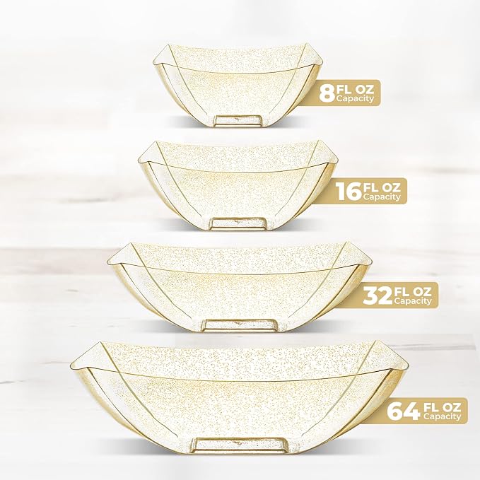 4 Pack Disposable Gold Plastic Serving Bowls Square Party Candy Use 16oz | Square Design. Disposable Party Tableware. Salad, Fruit & Candy Use. Candy Buffet Containers. Gold Plastic.
