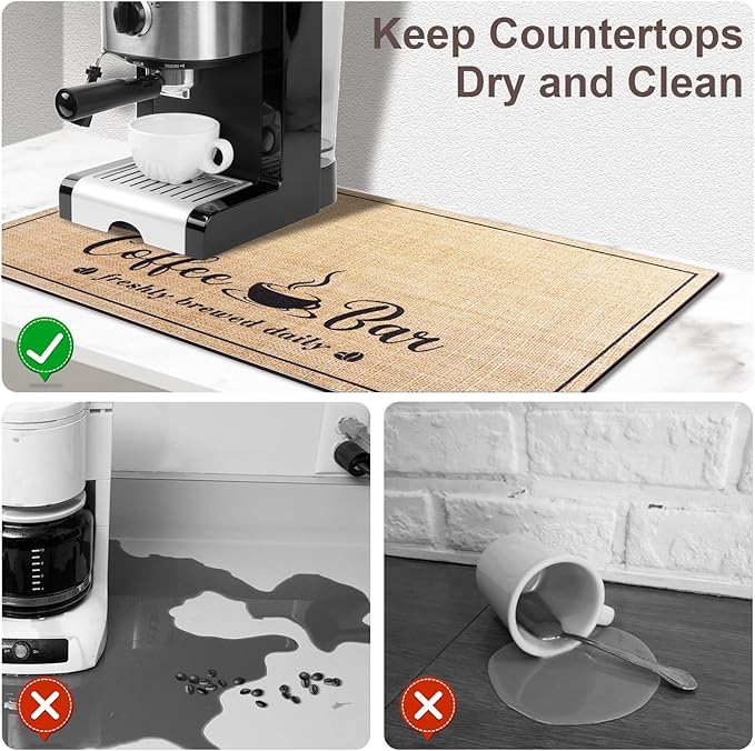 CooRug Fashion Coffee Mat, Dish Drying Mat 17" x 32" Beige | Hide Stain, Absorbent, Coffee Bar Accessories, Heat Resistant, Non-slip, Eco-friendly, Easy to Clean