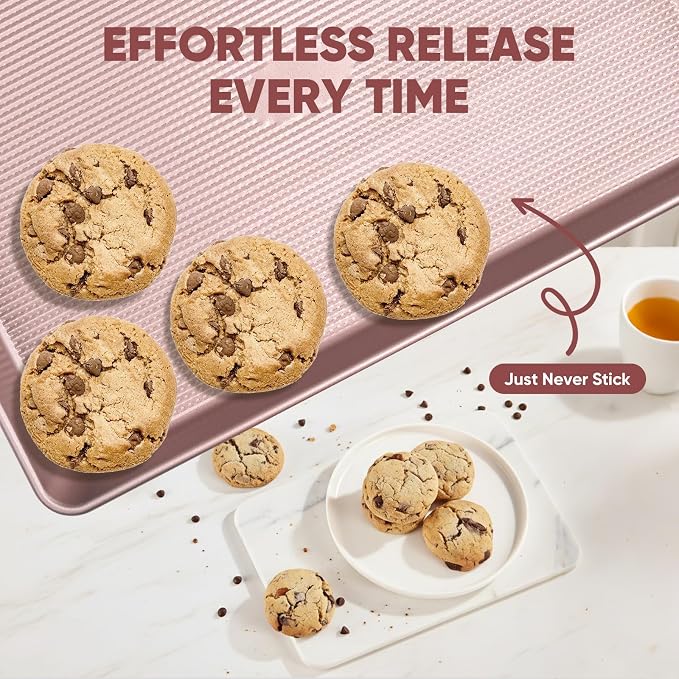 Sakerplus Nonstick Baking Sheet Set of 3, Heavy Duty Cookie Sheets for Oven | Quarter, Half & Jelly Roll Pans, 0.6mm Thick with Stripe Texture Pattern, Rust-Resistant and Easy to Clean, Pink