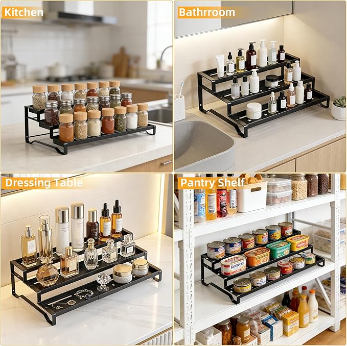 2 Pack Spice Rack Organizer for Cabinet, 13-21.5" Expandable Spicy Shelf | 9.45" Depth 3-Tier Black Metal Seasoning Organizer, Kitchen Spice Organization, Slip-Resistant Guardrails for Jars and Cans