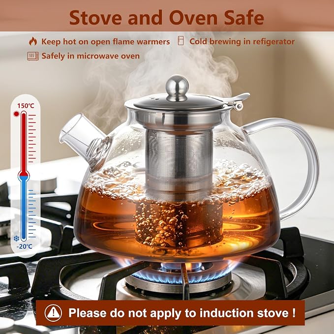Ehugos Glass Teapot with Removable Infuser, 1300ml/44 oz Stovetop Safe Hand Crafted Clear tea kettle for Loose Leaf Tea, Hot/Iced Water, Juice Beverage