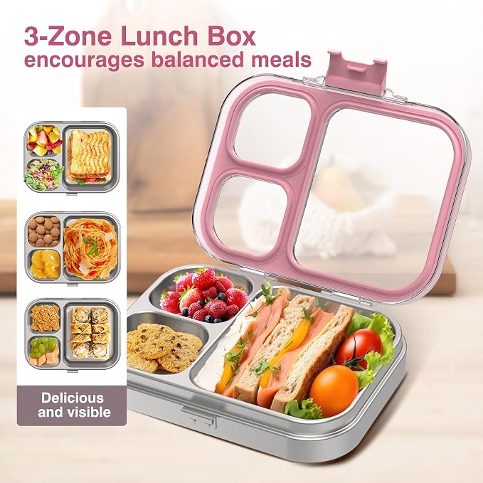 HOMEKOL Stainless Steel Bento Lunch Box, Pink, 3.3Cups | 3-Compartment,Leak-Proof, for Kids & Adults, BPA-Free, Dishwasher Safe, Clear Tritan Lid, 800ml (Not Insulated)