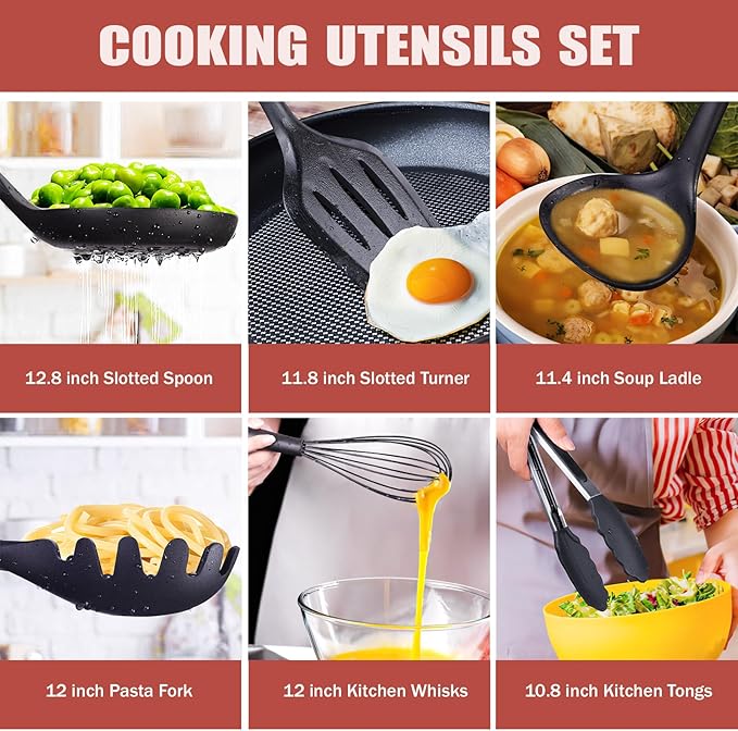 Kitchen Utensils Set,18-Piece Cooking Utensils and Knife Set,Black | Food-grade Silicone Heat-safe to 410°F, Detachable Stainless Steel Holder, 5 Kitchen Knives and Cutting Board All-in-one