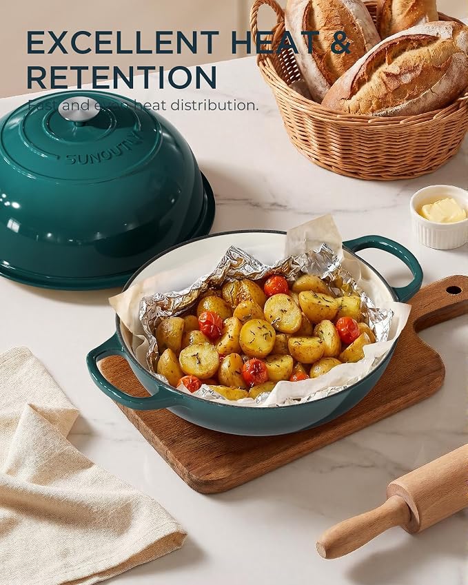Enameled Cast Iron Bread Oven, 6QT Cast Iron Dutch Oven for Homemade Sourdough Bread Baking, Round Bread Pot with Dome Lid & Cotton Potholders, Bottle Green