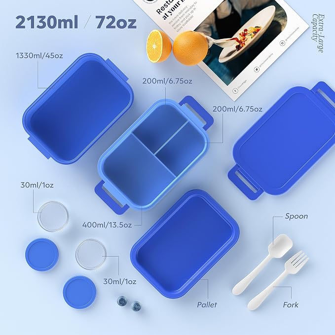 Adult Bento Lunch Box - 3 Layers Stackable Bento Lunch Box for Adults, 72oz Large All-in-One Bento Box Leak-Proof Lunch boxes with Utensil Sauce Containers, Ideal for Dining Out,Work, Blue