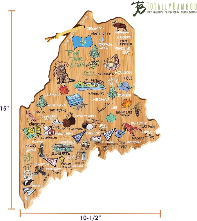 Totally Bamboo Maine State State Shaped Cutting Board, Art by Fish Kiss | State charcuterie board with colorful hand-drawn map artwork. Smooth reverse side for food prep. Hang tie for wall display.