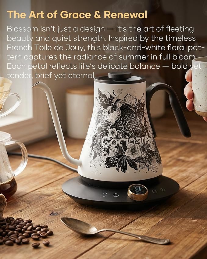 Cocinare Gooseneck Electric Kettle, ±1℉ Precise Temperature Control, 0.9L | 1500W Quick Heating, Stainless Steel Inner, Pour Over Coffee & Tea, Keep Warm, Auto Shut-Off, LED Display Artisan Blossom
