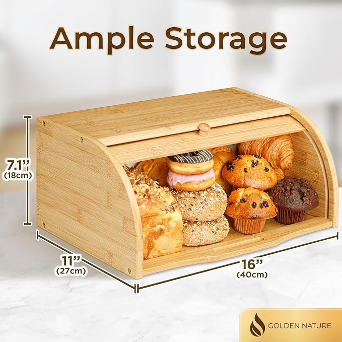 Bamboo Bread Box for Kitchen Countertop, Large Wooden Food Keeper W/Rolling Lid, Vintage Storage Bin for Bagels, Muffins, Cupcakes & Cookies | Golden Nature bread storage box with rolling lid, vintage food keeper for muffins, bagels, cookies, and cookies