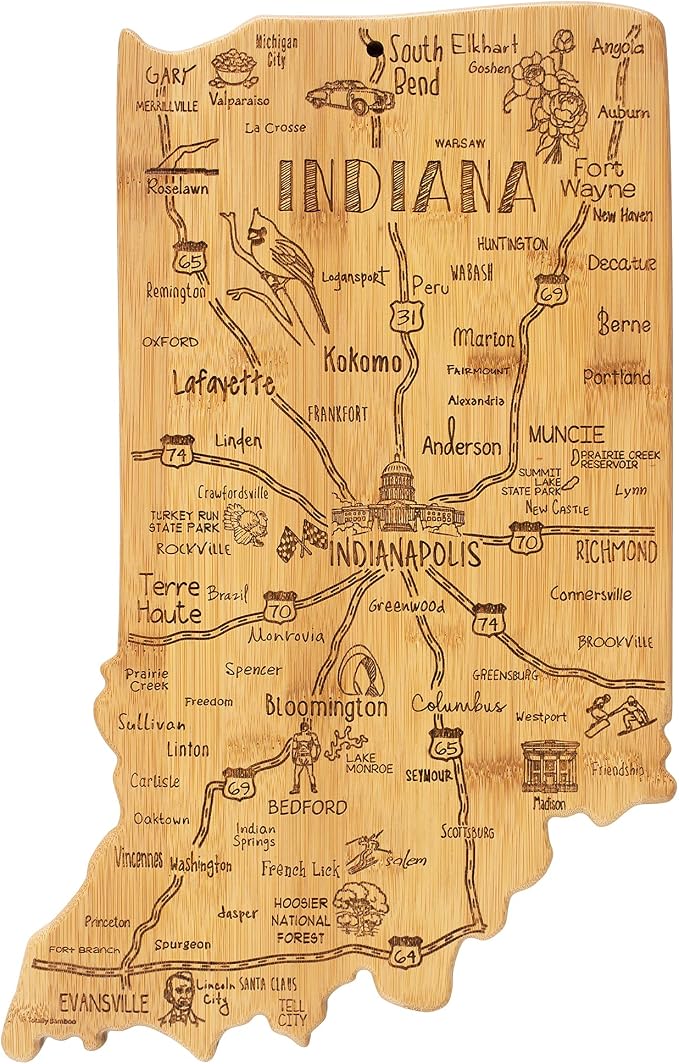 Totally Bamboo Destination Indiana State Shaped Cutting Board | State charcuterie serving board with engraved map artwork. Smooth reverse side for food prep. Hang tie for wall display.