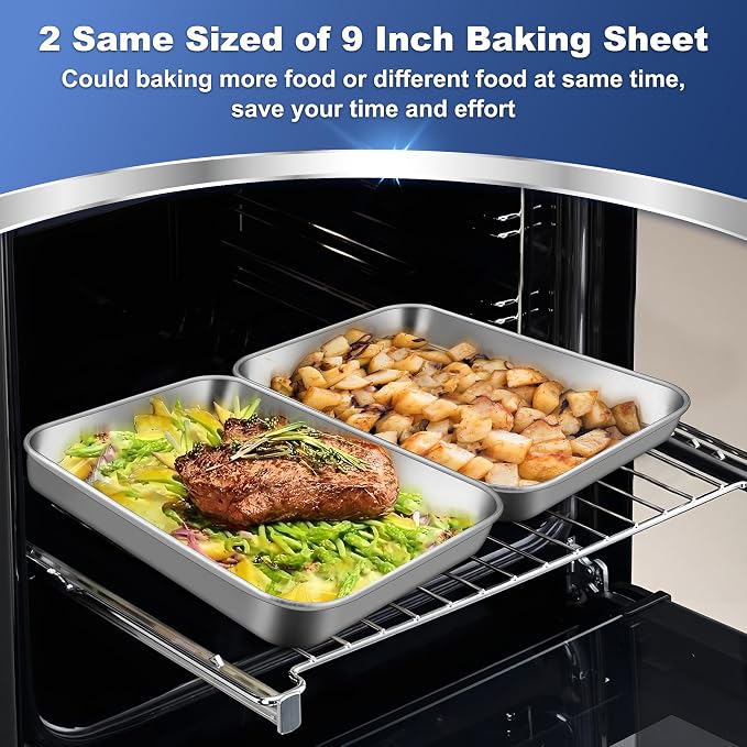 P&P CHEF Baking Sheet Pan, Stainless Steel Cookie Sheet, 9 Inch & 2 Pcs | Oven Tray Sheet Pan for Baking & Serving, Baking Tray for Multi Uses, Heavy Duty & Non-toxic, Rust Free & Dishwasher Safe