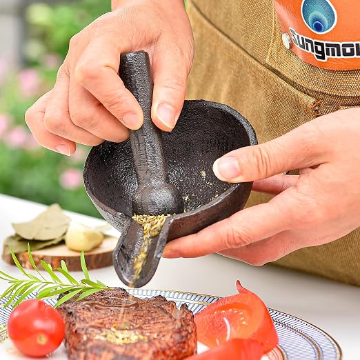Sungmor Cast Iron 3.9 Inches Mortar with Pour Spout and 3.9 Inches Pestle | Small Heavy Duty Black Spice Grinder Set,Rustic Useful Kitchen Tools for Grinding Spices, Herbs, Nuts and Pesto