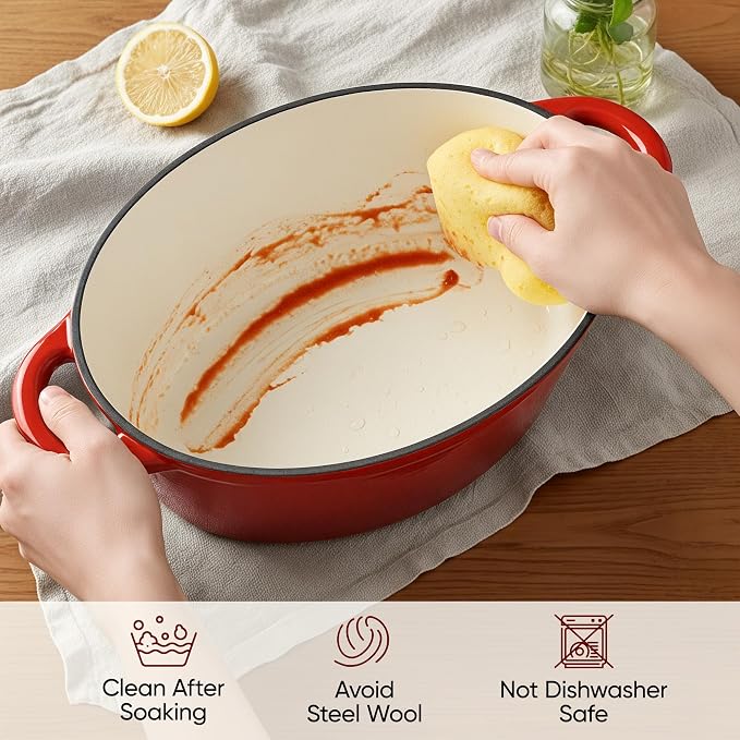 Oval Dutch Oven for Bread Baking, 4.5 Quart Non Stick Enameled Cast Iron Dutch Oven Pot with Lid, Oven Safe Oval Casserole with Lid up to 500°F for Baking, Braising, Stews, Roasting (Red)