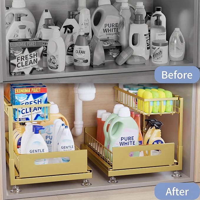 L-Shaped Under Sink Organizer, 2-Tier Pull-out Cabinet Rack 1-Pack | Gold Height-Adjustable Steel Rack, Sliding Grid Drawers with PP Liners, Holds 100 Lbs, Suction Base, Ideal Kitchen Storage