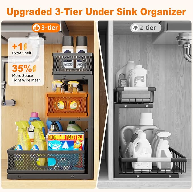 3 Tier Under Sink Organizer,Black Metal Pull Out Kitchen Cabinet Organizers, Slide Out Under Sink Storage Drawers, Undersink Organizer,Bathroom Counter Shelf, Pantry Organization and Storage （2 Pack）