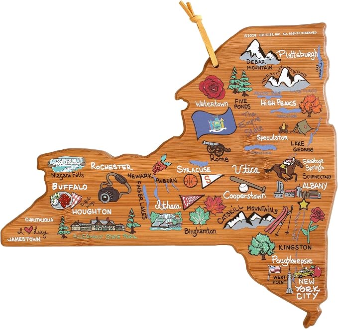 Totally Bamboo New York State Shaped Cutting Board, Art by Fish Kiss | State charcuterie board with colorful hand-drawn map artwork. Smooth reverse side for food prep. Hang tie for wall display.