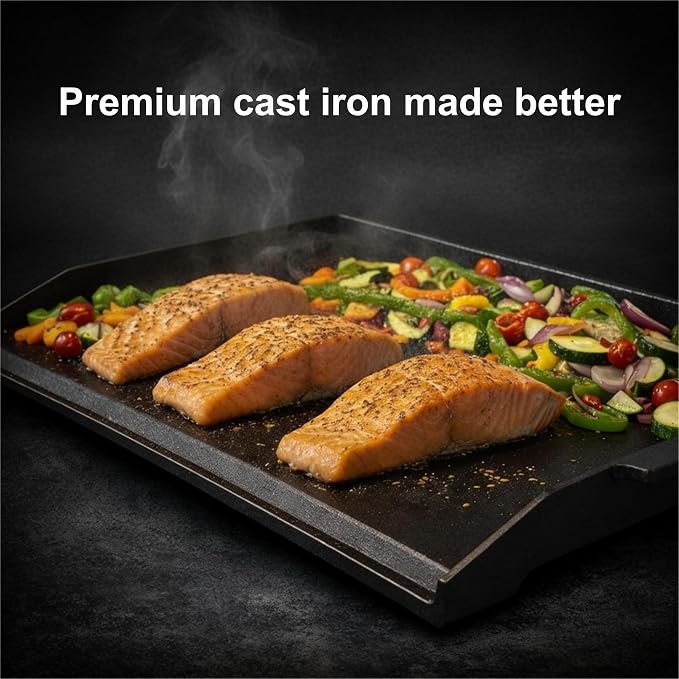 QuliMetal 23 x 16 Inch Cast Iron Griddle for Gas Grills and Stove Tops | Universal flat-top griddle with pre-seasoned coating and X-shaped reinforced base for camping, tailgating and backyard BBQs
