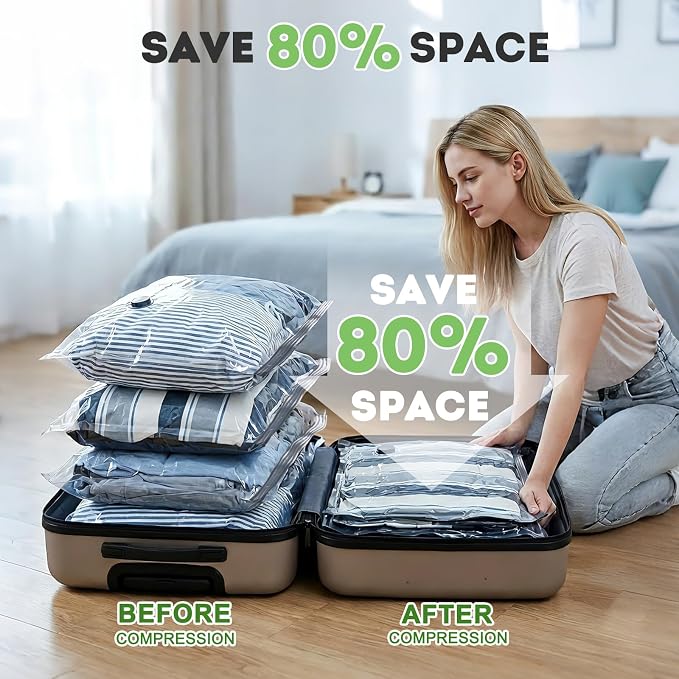 15 Pack Vacuum Seal Bags for Clothing Travel with -60000Pa USB Pump, Save 80% of Space for Clothes (15 Combo Size)