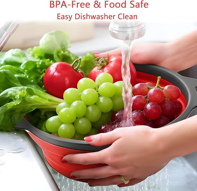 UVB Collapsible Colander Set, Space-Saving Foldable Kitchen Strainer for Pasta, Vegetables & Fruit, Colander for Kitchen with 2 Stainless Steel Hooks & 1 Silicone Funnel – Red