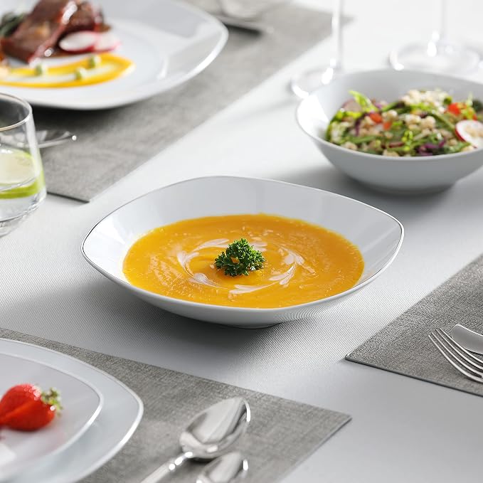 MALACASA Dinnerware Sets, 24 Piece Porcelain Square Dishes, White with Silver Rim Plates and Bowls Sets, Ceramic Dish Set for 6, Chip Resistant Dishware Sets, Series ELISA | White Ceramic Plates and Bowls Sets for Serving, Chip Resistant, Microwave & D...