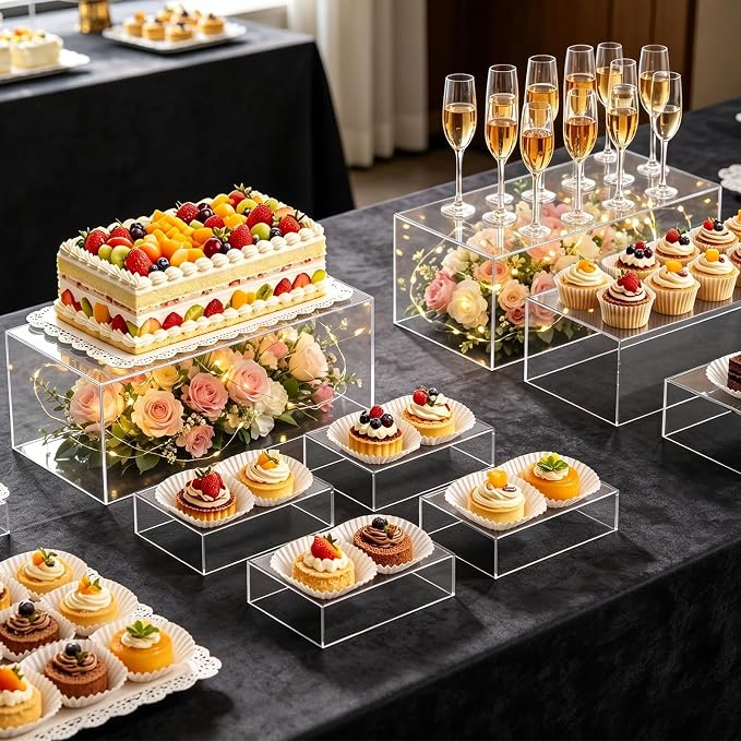 Extra Large 15.5 Inch Acrylic Buffet Risers Stands, 5 PCS Clear Food Risers for Buffet Table, Tiered Rectangle Dessert Table Display Set, Party Food Display for Catering Supplies