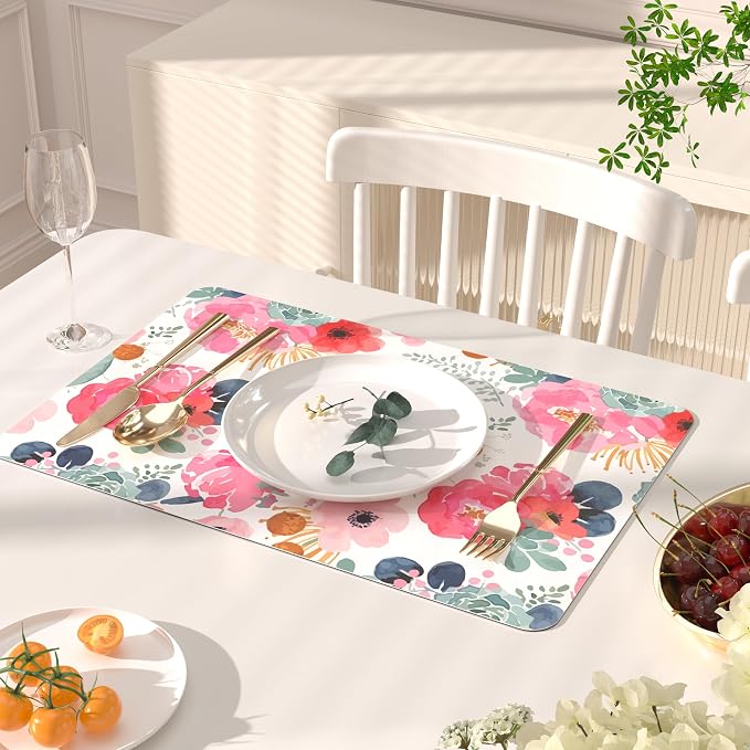 QIYI PU Leather Placemats Set of 4, 12"x18" Waterproof Table Mats, Peonies | Faux Leather, Heat Resistant, Anti Slip, Wipeable Place Mats for Kitchen Dinning, Party Table Décor, Watercolor Pink Flowers